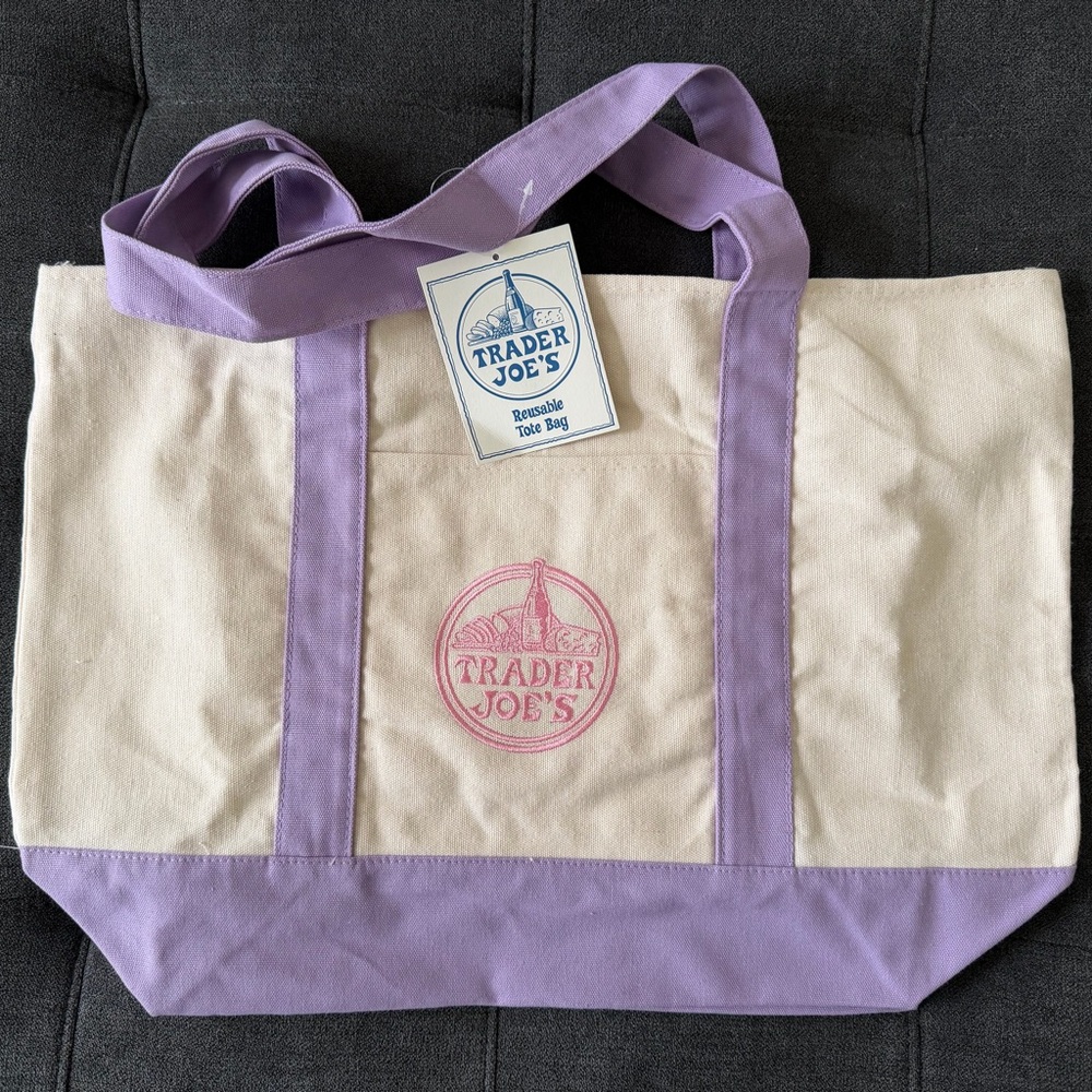 Full Size (LARGE) Trader Joe's Spring Lavender and Cream Canvas Tote Bag